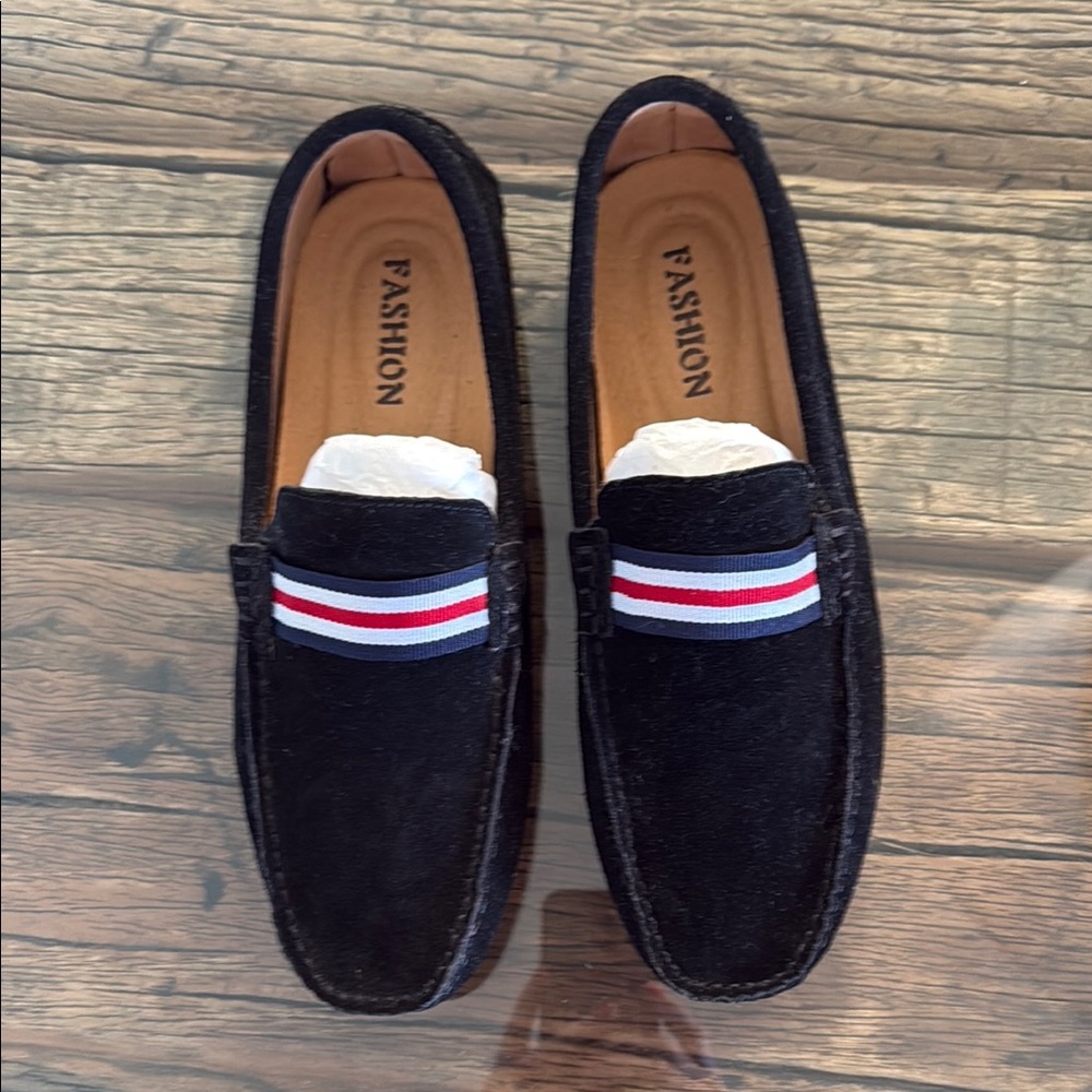 Men's Black Suede Driving Loafers with Striped Detail